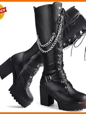 Knee High Combat Boots Platform Block Heels Lace Up Side Zipper